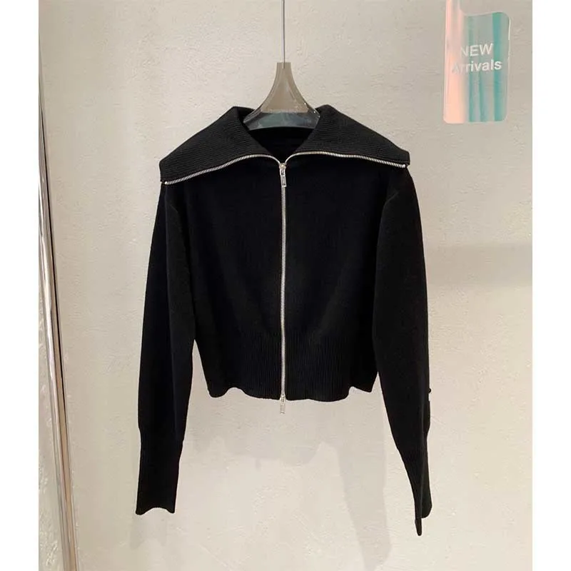 

Women Jacket Wool Knitted Cardigan Black Double Zipper Casual Vintage Turn Down Collar Sweater Coat