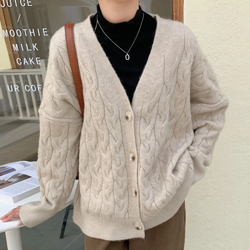 

Autumn Winter Twist Knitted Sweater Cardigans V-neck Single Breasted Women Sweaters Solid Loose Long Sleeve Pull Femme Coat