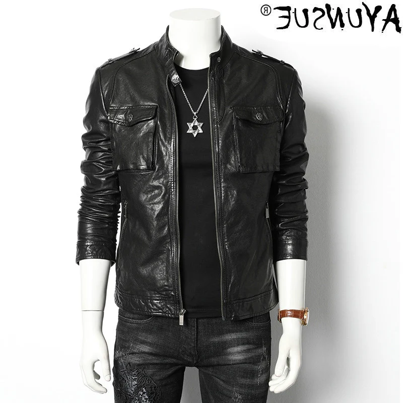 

Ayusnue leather - men's authentic jacket, sheepskin jacket, spring and autumn, retro, motorcycle, tight,