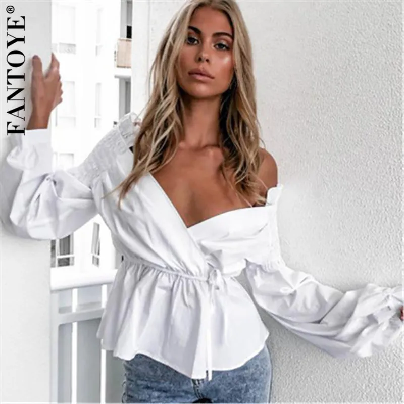 Fantoye сексуальная женская блузка с открытыми плечами белая элегантная рукав