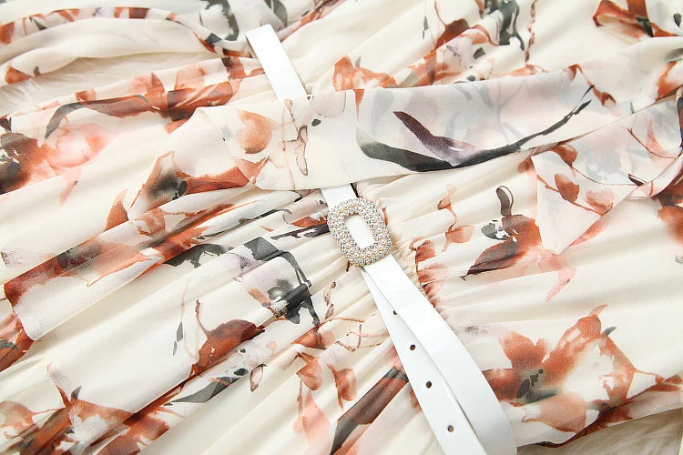 

European and American women's clothing spring 2021 new Long sleeve bow collar Fashion print pleated dress with diamond belt