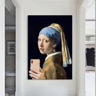 Кошка Мона Лиза девушка с жемчугом Серьги селфи по телефону Искусство Печать на холсте картина смешная известная Настенная картина плакат для украшения дома