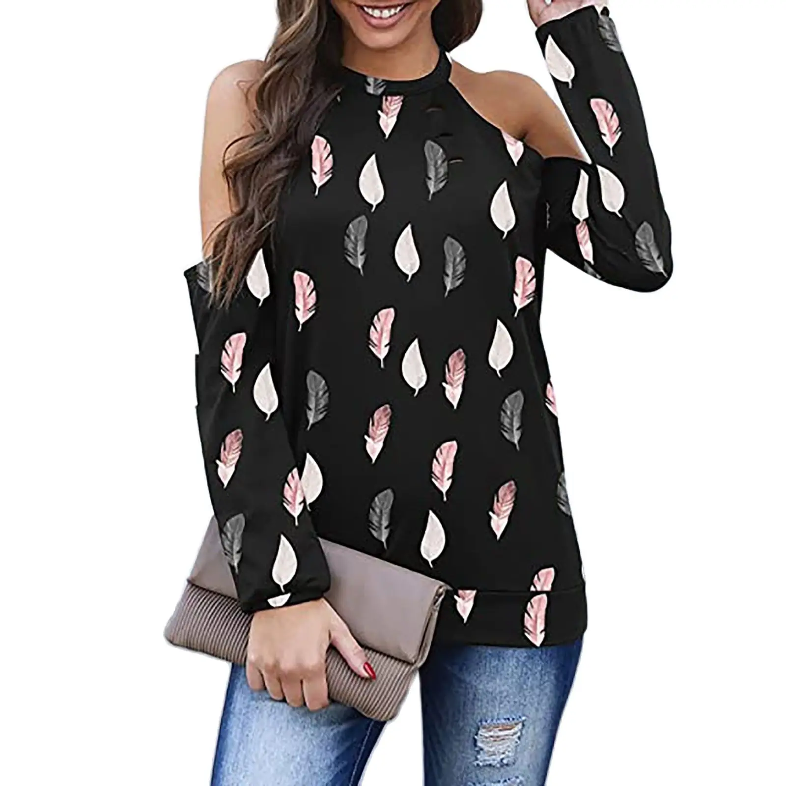 

Женская футболка с длинным рукавом, повседневный Свободный пуловер с открытыми плечами и принтом, с лямкой на шее, без бретелек, осень