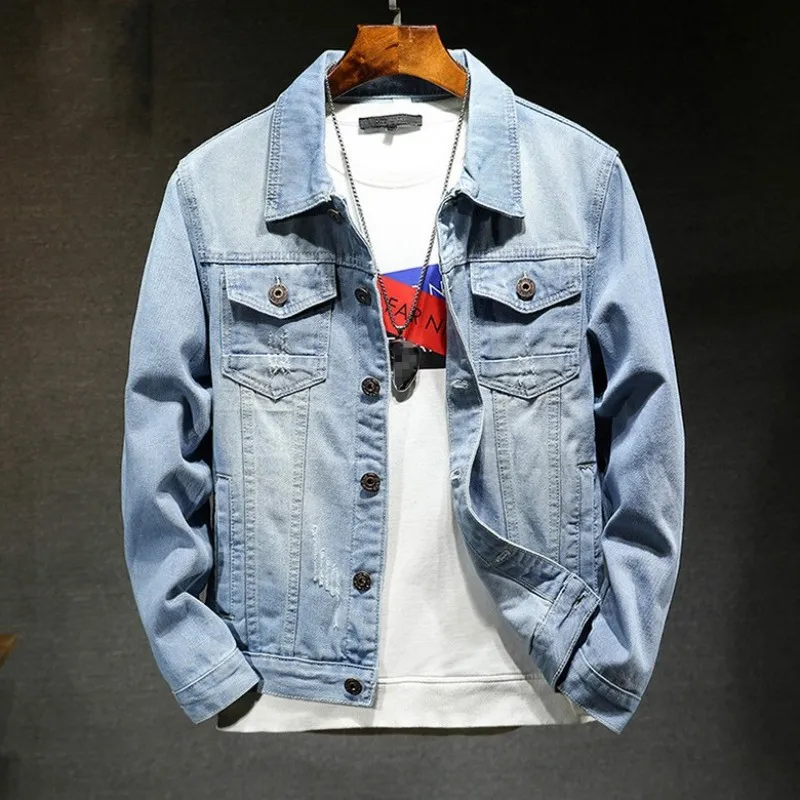 Модная демисезонная Мужская джинсовая куртка рваная ковбойская с дырками