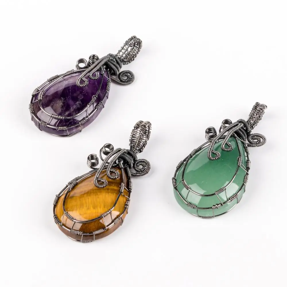 

Natural Crystal Stone Copper Wire Wrapped Pendant Chain Necklace Retro Water Drop Healing Energy Healing Jewelry