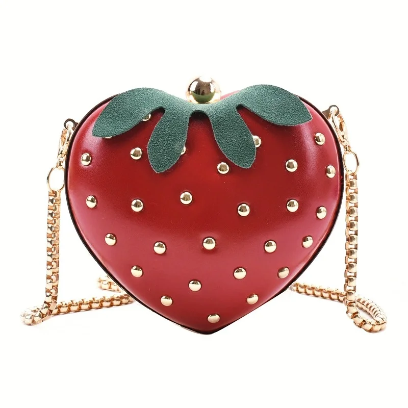 

Women Shoulder Bag Strawberry Design Clutches Bag Female Red Rivet Chain Crossbody Bag Dinner Bag For Ladies Messenger Bag Purse