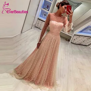 Вечернее платье из жемчуга 2020 Тюль с длинным рукавом длинное вечернее платье для женщин без рукавов вечерние платья