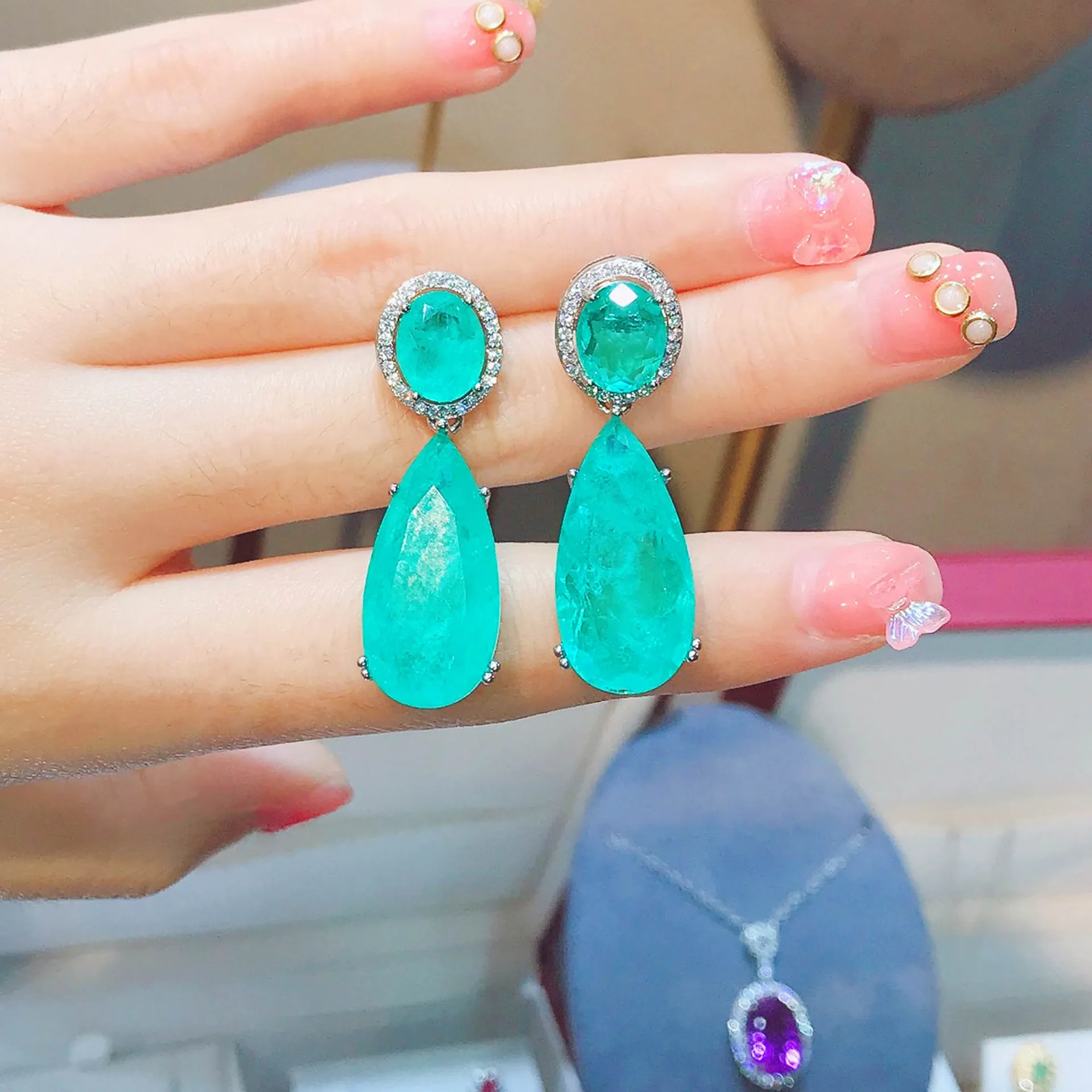 

2022 Trend Silver Plate Paraiba Synthetic Tourmaline Emerald Big Gemstone Women Drop Earrings Cocktail Party Fine Jewelry Giift