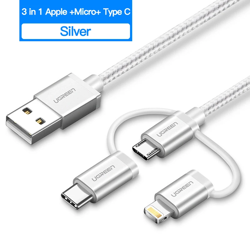 3 in1 Silver Ugreen 3 в 1 Lightning USB кабель для iphone 8 7 Micro USB кабель быстрой зарядки Тип USB C для OnePlus 5 Samsung Galaxy S8 LG V3 - Цвет: 3 in1 Silver