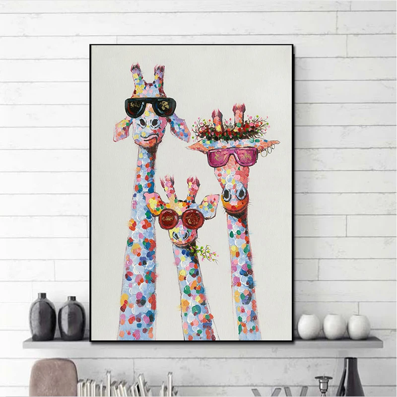 

Kids Room Funny Giraffe Family with Glasses Canvas Print Pictures Colorful Cat Wall Art Poster and Print for Living Room Decor