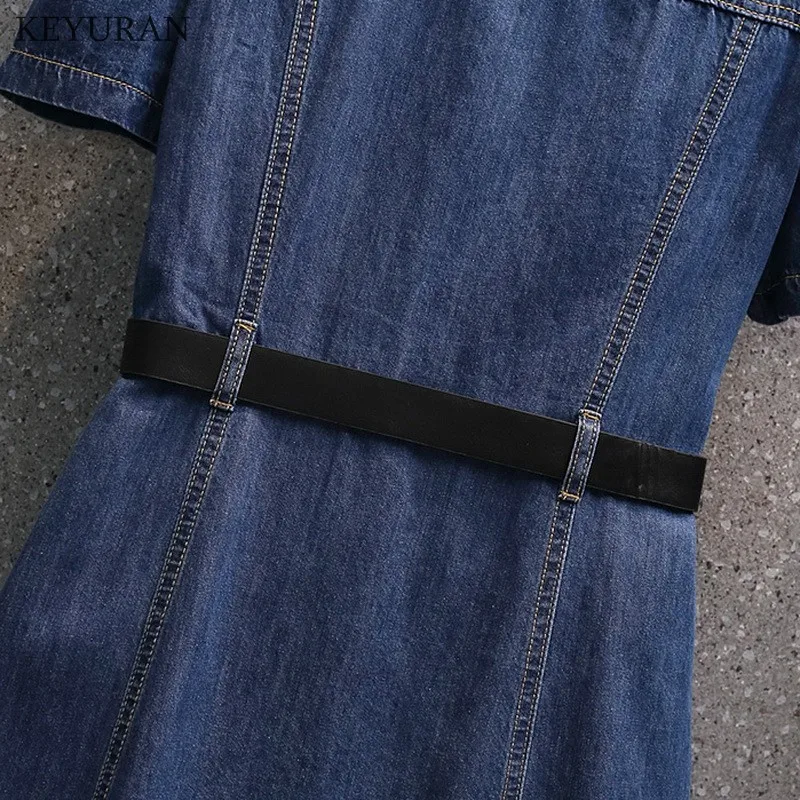 

L-4XL Plus Size Women Denim Dress Casual Turn-Down Collar Pockets Single-breasted Slim Solid Jeans One-Piece Dresses With Belt