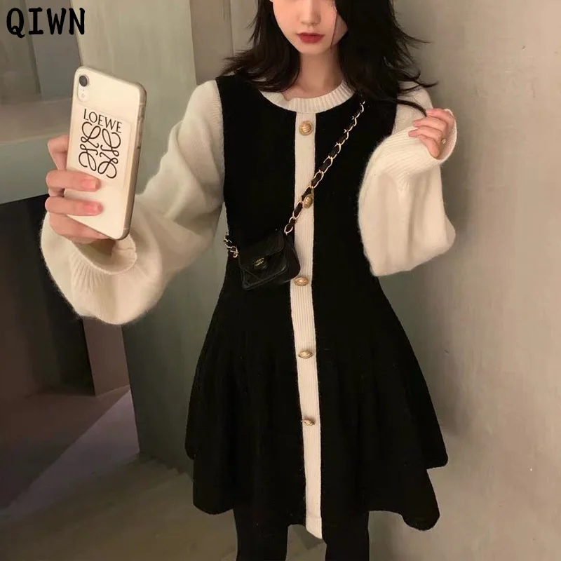 

One-Piece Lantern Sleeve Woman Dress Korean Autumn Nitted Sweater Dresses 2020 Winter Women Thin Sweater Knit Mini Dress Lady