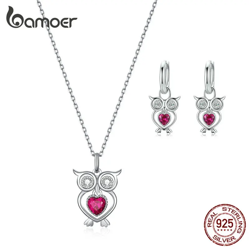 Bamoer Подвески в виде животных Совы ожерелье и Висячие серьги Ювелирные наборы мать подарки 925 пробы серебряные ювелирные изделия аксессуары ZHS161