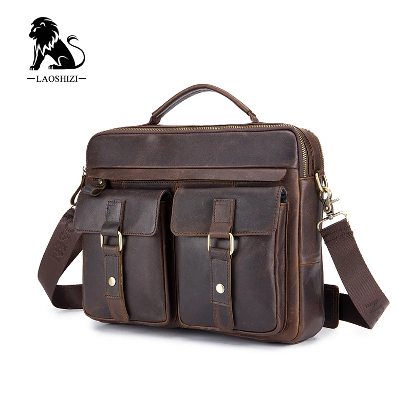 LAOSHIZI LUOSEN Vintage Men Briefcase Oil Wax Genuine Leather Tote Bag Crossbody Messenger Shoulder Bags Handbags 91501 | Багаж и сумки