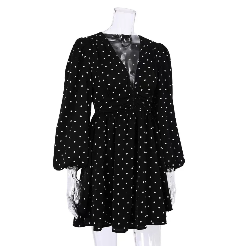 

Women Vintage Dot Printed A-line Dress Lantern Sleeve Sexy Deep V neck Elegant Casual Mini Dress 2021 Summer High Street Dress