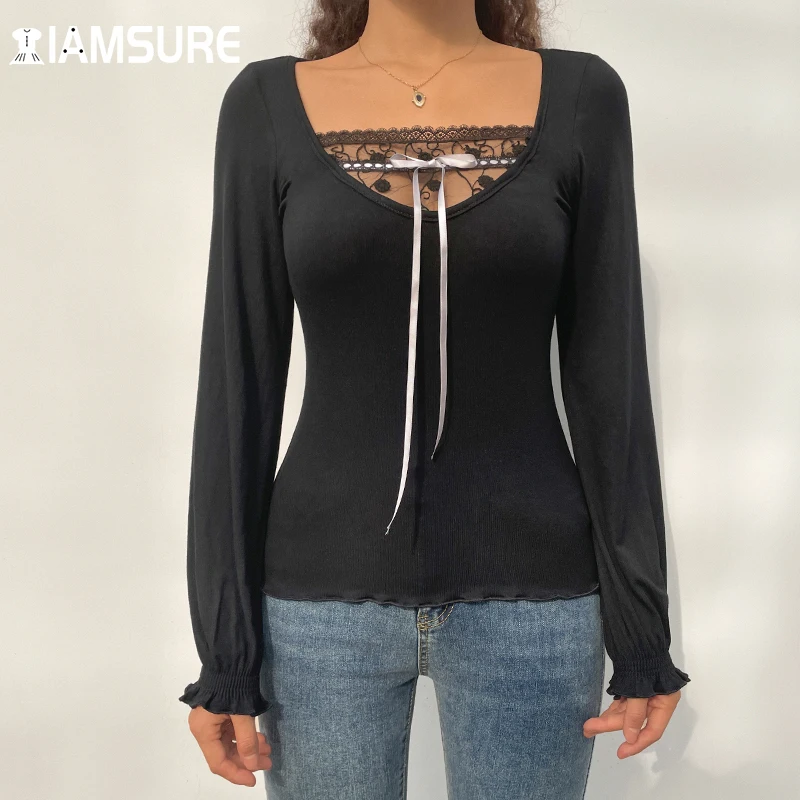 

IAMSURE Low Cut Patchwork Lace T Shirt Women Sexy Solid Long Sleeve Tees Casual Vintage See Through Bow V-Neck Tops Fashion Lady