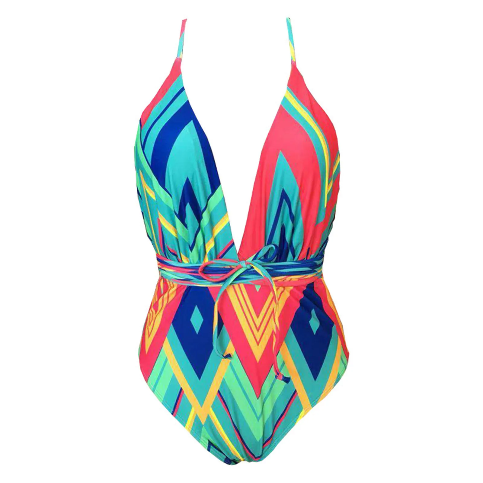 

Fashion Women Swimwear V-Neck Bandage Printing Siamese Swimsuit Bikini