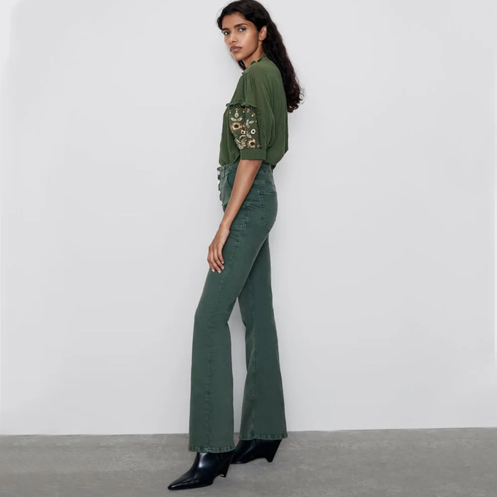 ZA 2019 осень новая вышитая зеленая Нижняя рубашка Мода Boho женская одежда