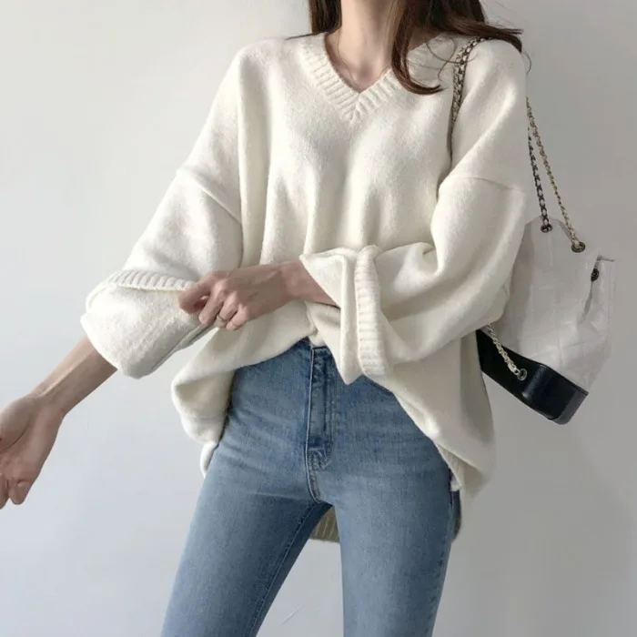 

Kimutomo Women Loose Sweater 2020 Autumn Winter V-neck Knitted Pullover Female Korean Fashion Long Sleeve Chic Outwear