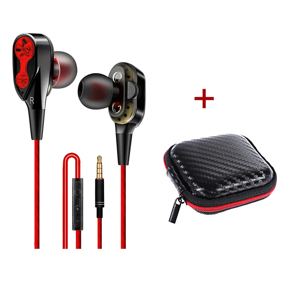 Red With Case Наушники с высоким басом, спортивные наушники, двойной привод, стерео наушники-вкладыши, проводные наушники с микрофоном, компьютерные наушники для сотового телефона - Цвет: Red With Case