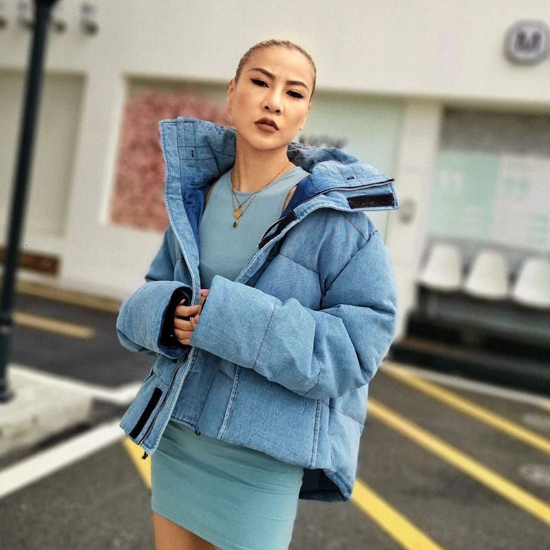 TWOTWINSTYLE повседневное синее открытое хлопковое пальто для женщин воротник с