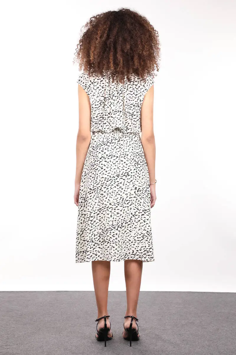 

Ecru Patterned Elastic Collar Frilly Sleeveless Womens Dress