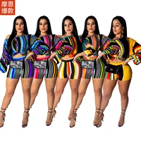 womens sexy european and american nightclub striped long sleeve shorts bubble sleeve two piece set woman pants