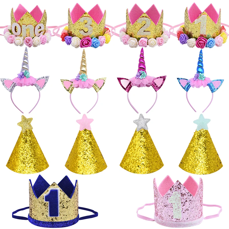 

1st Kids Birthday Party Hat Headband 1/2/3Year Old Number Crown Princess Prince Crown Headdress Baby Shower Birthday Party Decor