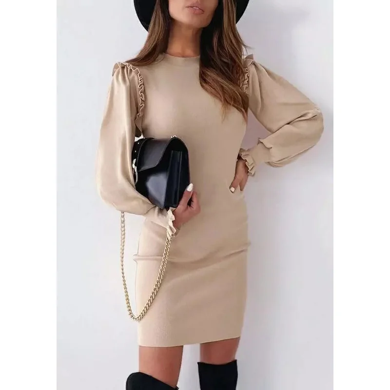 

2021 Autumn And Winter New Zipper Short Skirt One-Step Skirt Fashion Solid Color Round Neck Lotus Leaf Sleeve Slim Dress Women