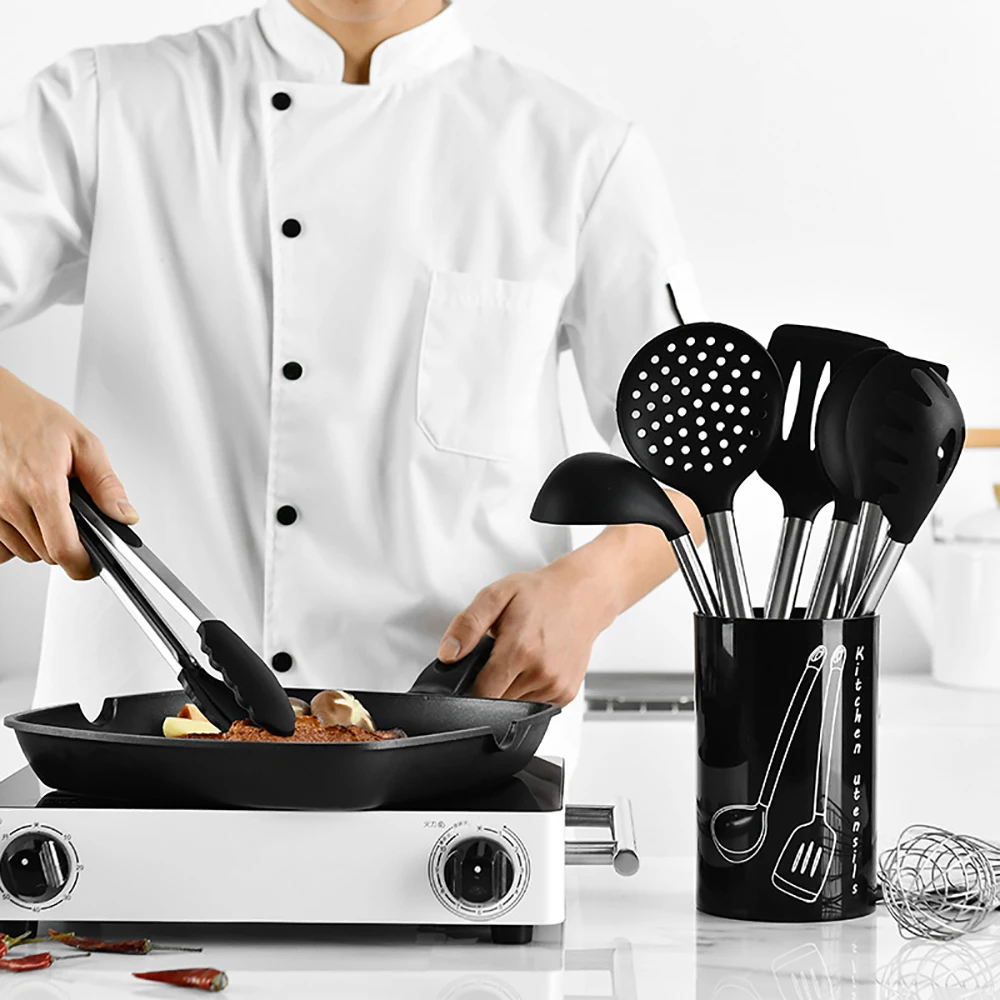 

Best 9 Piece Kitchen Utensil Set Stainless Steel And Black Durable Safe Silicone Modern Camping Nonstick Utensils Cooking Tools