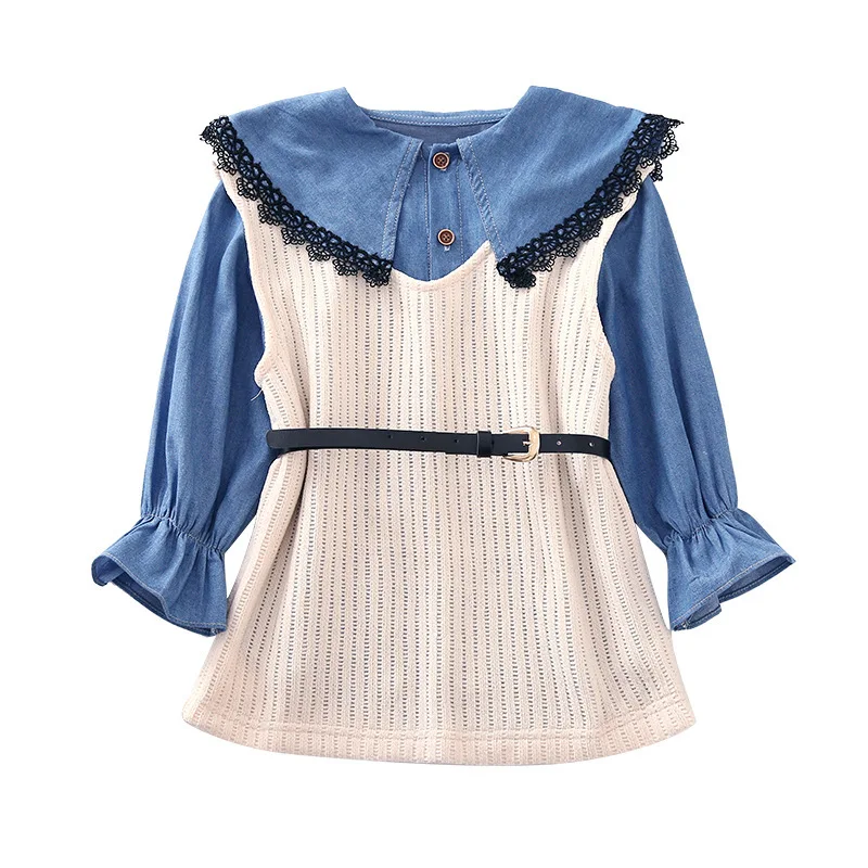 

2021 spring new girls belt vest suit middle and large children's denim shirt outer wear two-piece suit