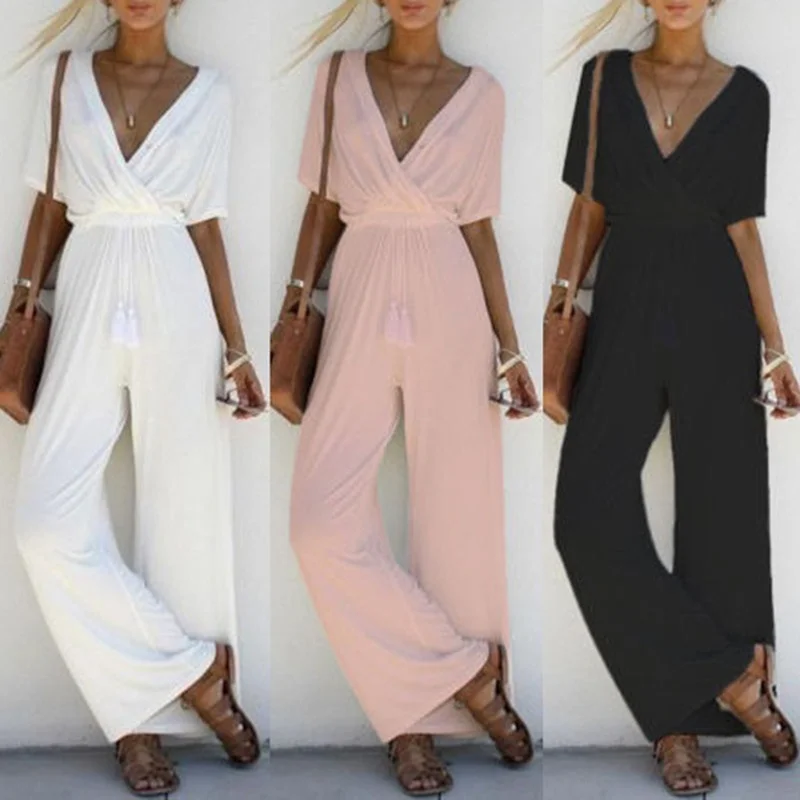 

Newest Summer Casual Women V Neck Loose Playsuit Party Ladies Romper Short Sleeve Long Jumpsuit