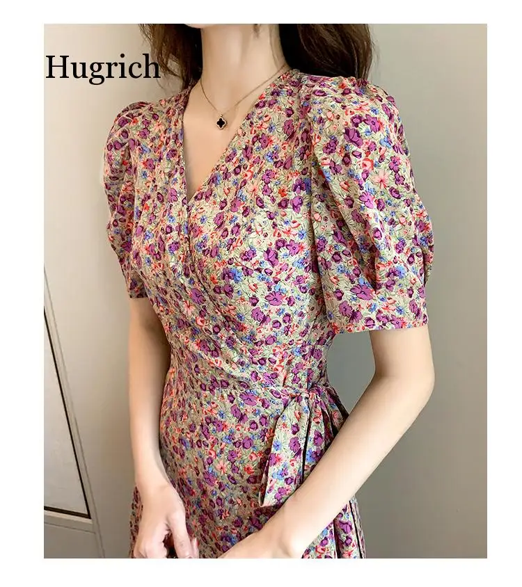 

Summer Spring Foral Lace-Up V-Neck Vintage Slim A-Line High Waist Women Female Midi Dress Floral A-Line Dress and Women's Dress