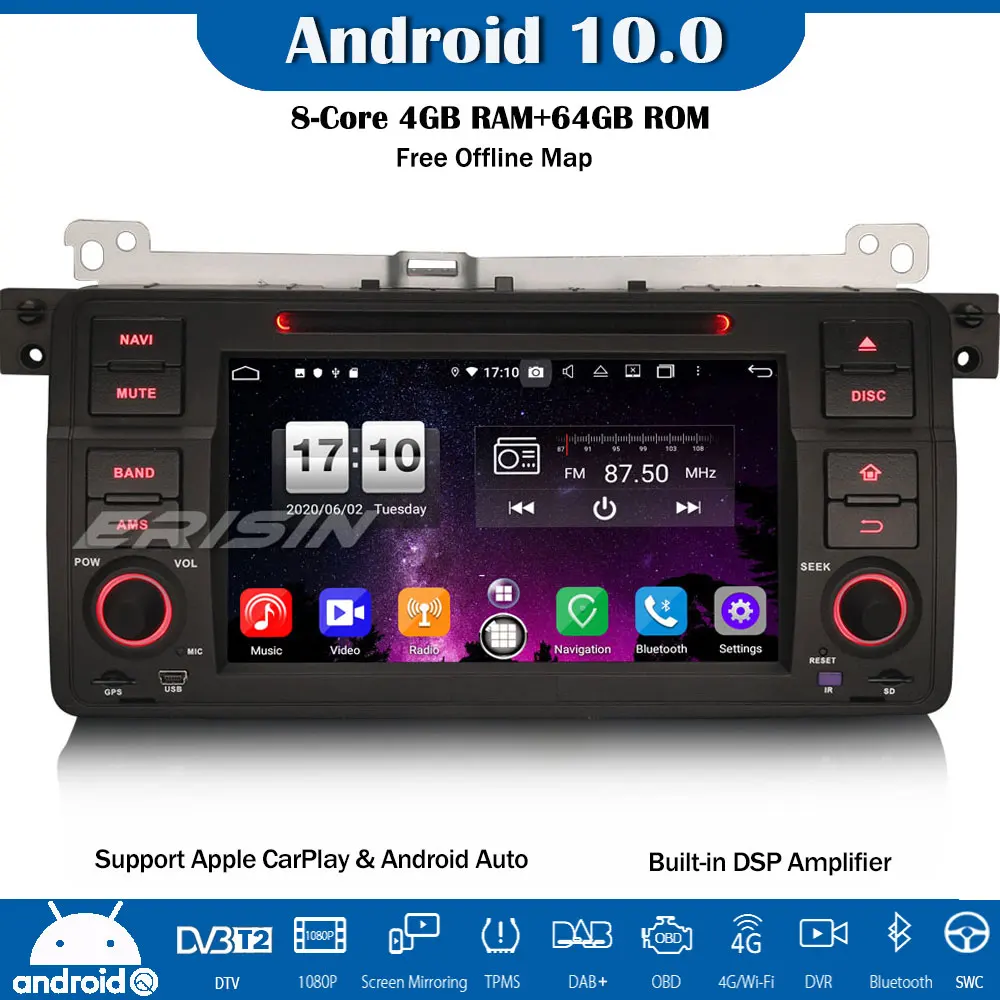 Erisin ES8746B Android 10 0 автомобильный DVD плеер радио DAB + GPS Bluetooth DSP CarPlay OBD для BMW 3 серии 3er E46