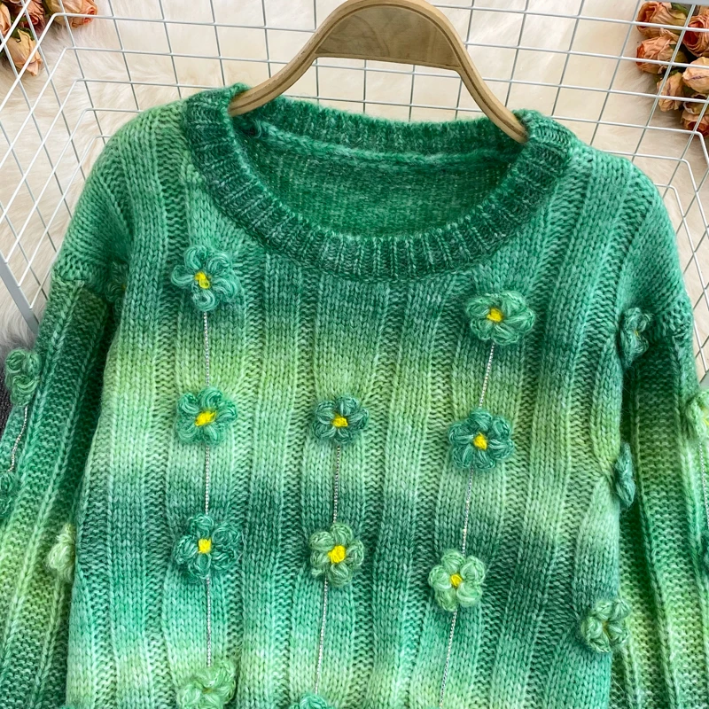 Autumn Winter Korean Style Chic Sweet O-Neck Sweater Fashion Gradient 3D Flowers Knitted Tops Loose Long Sleeve Pullover | Женская