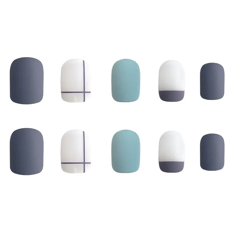 

2021 ins spring new mid long flat head super white haze grey blue fake nail patch nail salon supplies and tools nail art