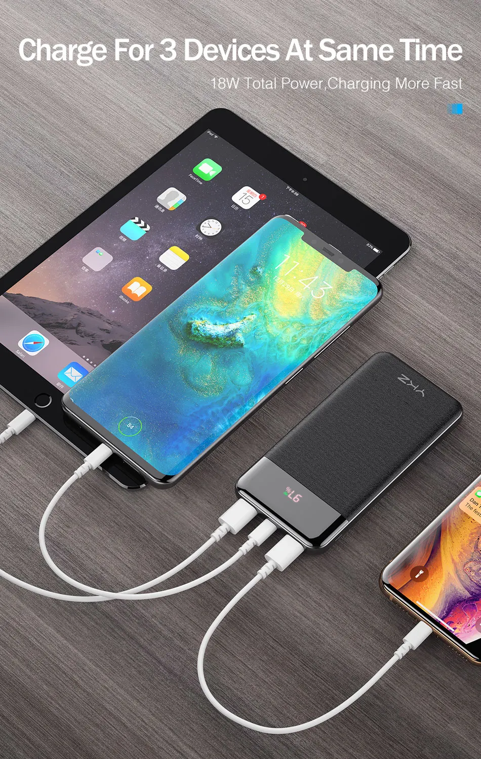 YKZ QC 3,0 внешний аккумулятор 10000 мАч светодиодный портативный аккумулятор PD Быстрая зарядка 12 В внешний аккумулятор для iPhone Xiaomi Mi с USB