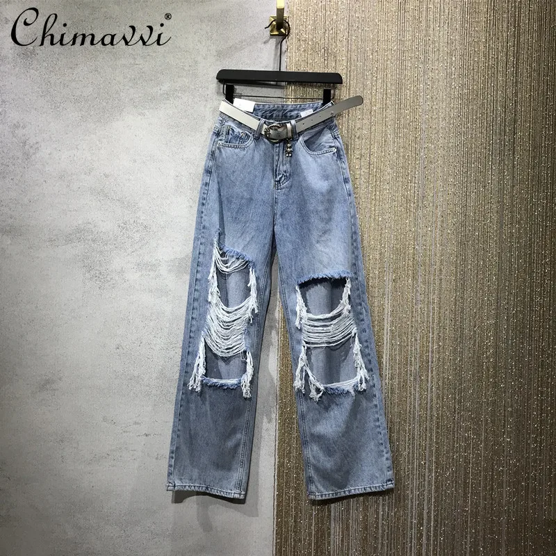 

Ripped High Waist Denim Pants for Women 2021 Spring and Summer Straight Wide Leg Slimming Jeans Lady Wide Leg Trousers