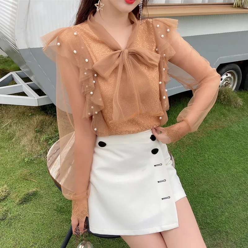 2020 Autumn Women V-Neck Mesh Blouse Sweet Tie Bow Lace Shirt Female Beading Long Sleeve Blouses Ruffles Bottoming Tops AB1848