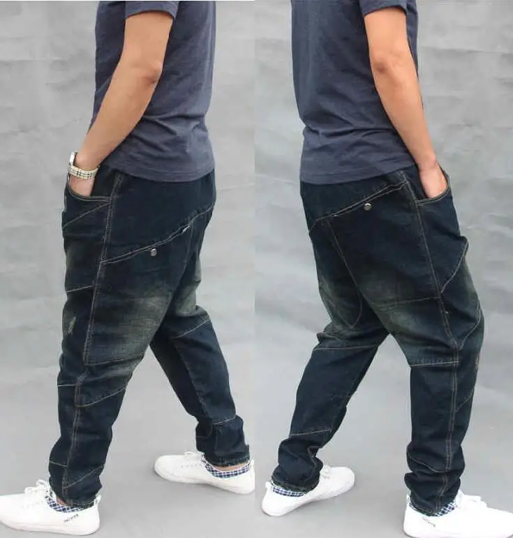 Men Loose Baggy Jeans Hip Hop Harem Jeans Elastic Waist  Drawstring Male Denim Cross-pants Casual Denim Pants