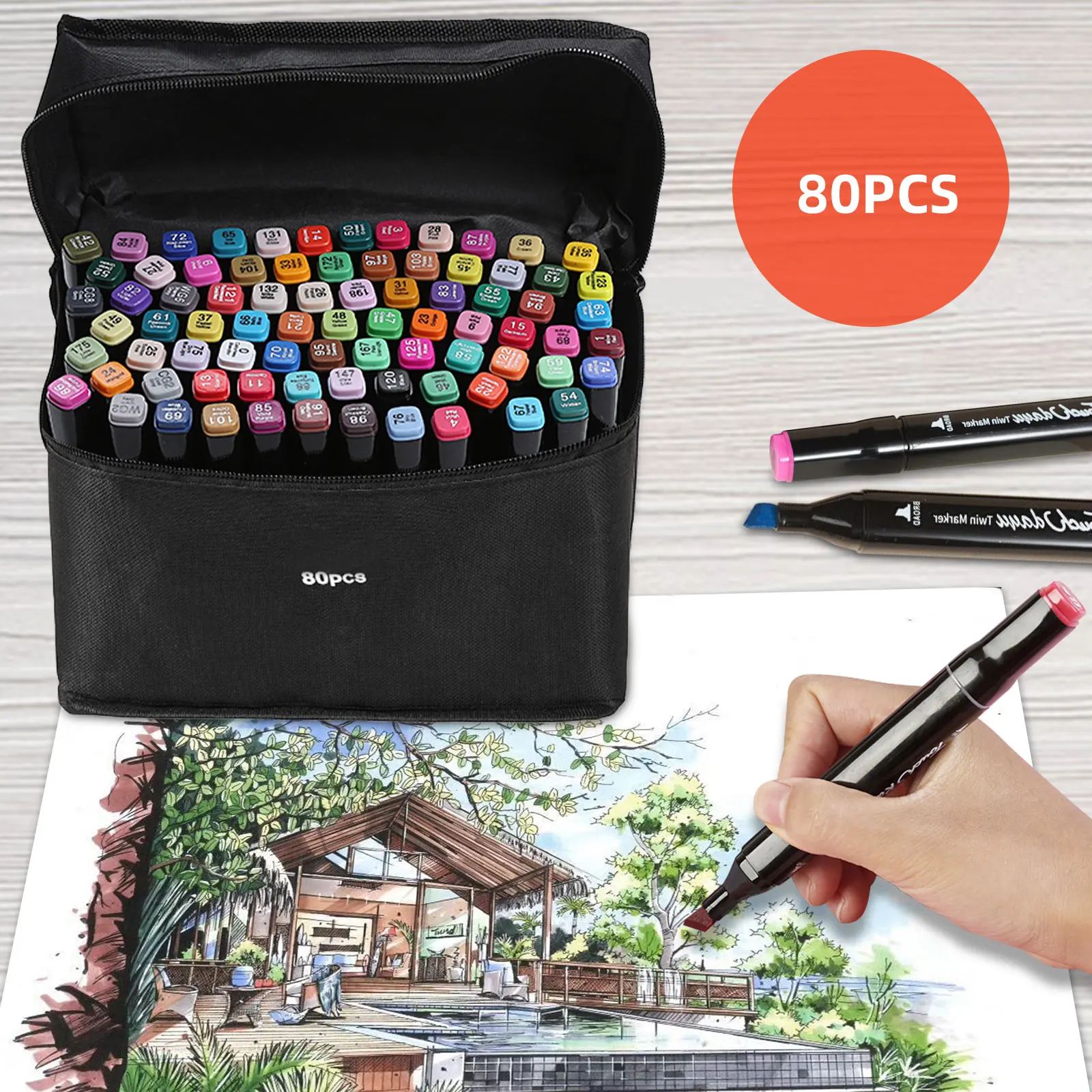 

36/40/60/80pcs Oil-based Dual-Headed Colored Art Marker Pens Watercolor Set Storage Bag for Painting Drawing School Supplies
