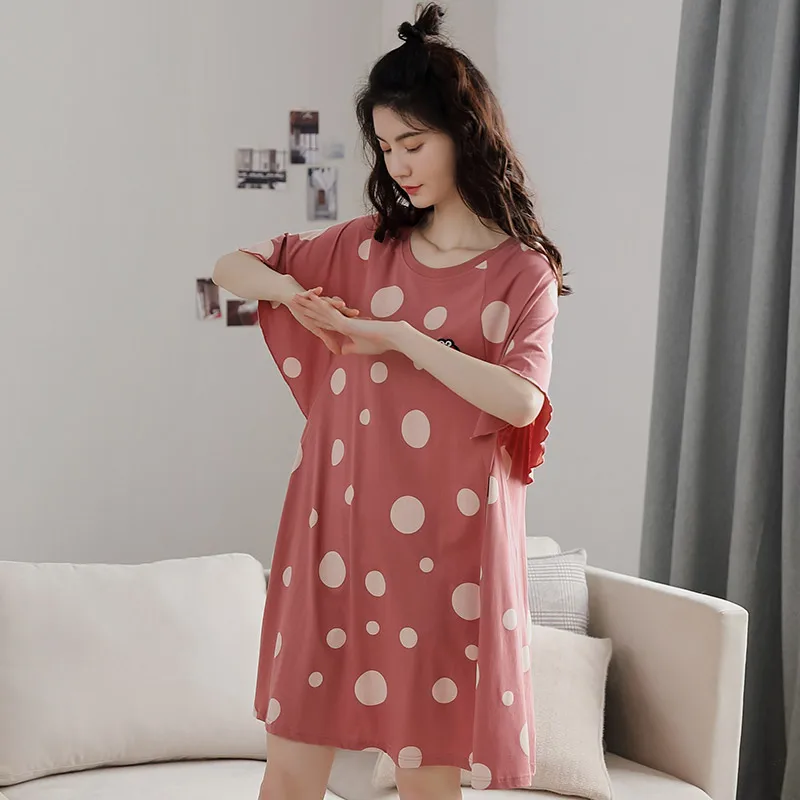 

Harajpee Women Pajamas 2021 Summer Korea Sweet Casual Modal Cotton Short-Sleeve Thin Polka-Dot Print Loose Outer Wear Nightdress