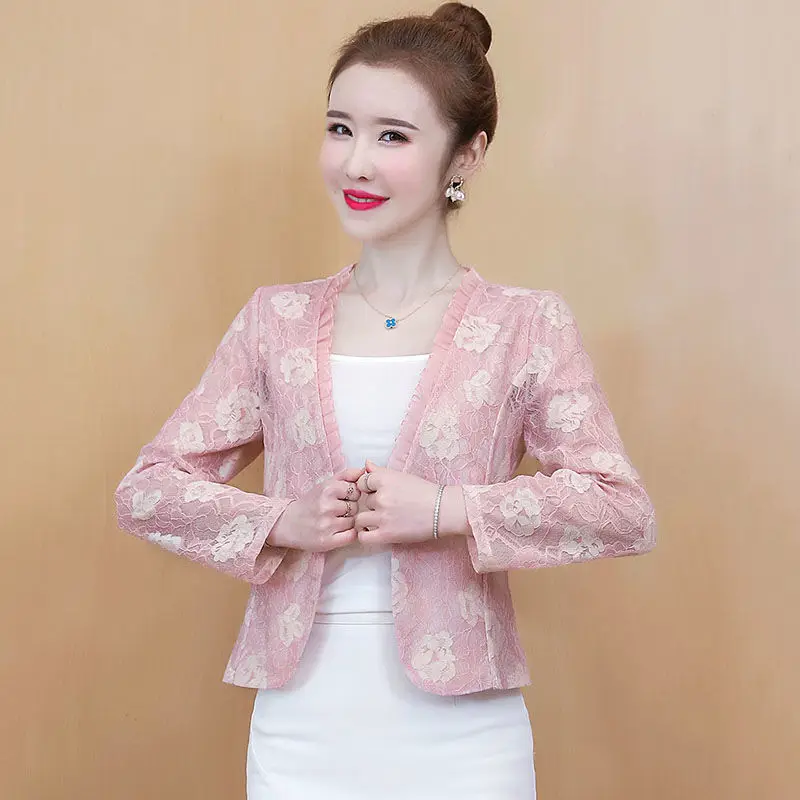 Женская куртка с длинным рукавом короткий кардиган принтом ажурная кружевная