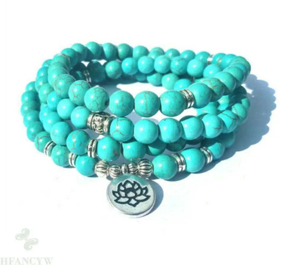 

6mm Turquoise Gemstone 108 Beads Mala Bracelet Meditation Fancy Unisex Spirituality Buddhism Wrist Pray Healing