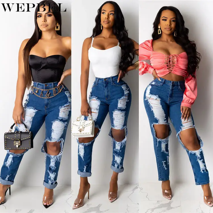 

WEPBEL Denim Pants Women's Casual Blue Hole Ripped Loose Jeans Summer Button Straight High Waist Denim Pants