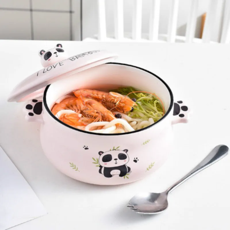 Милая керамическая чаша с крышкой вилка ложка для рамен риса салата закуска