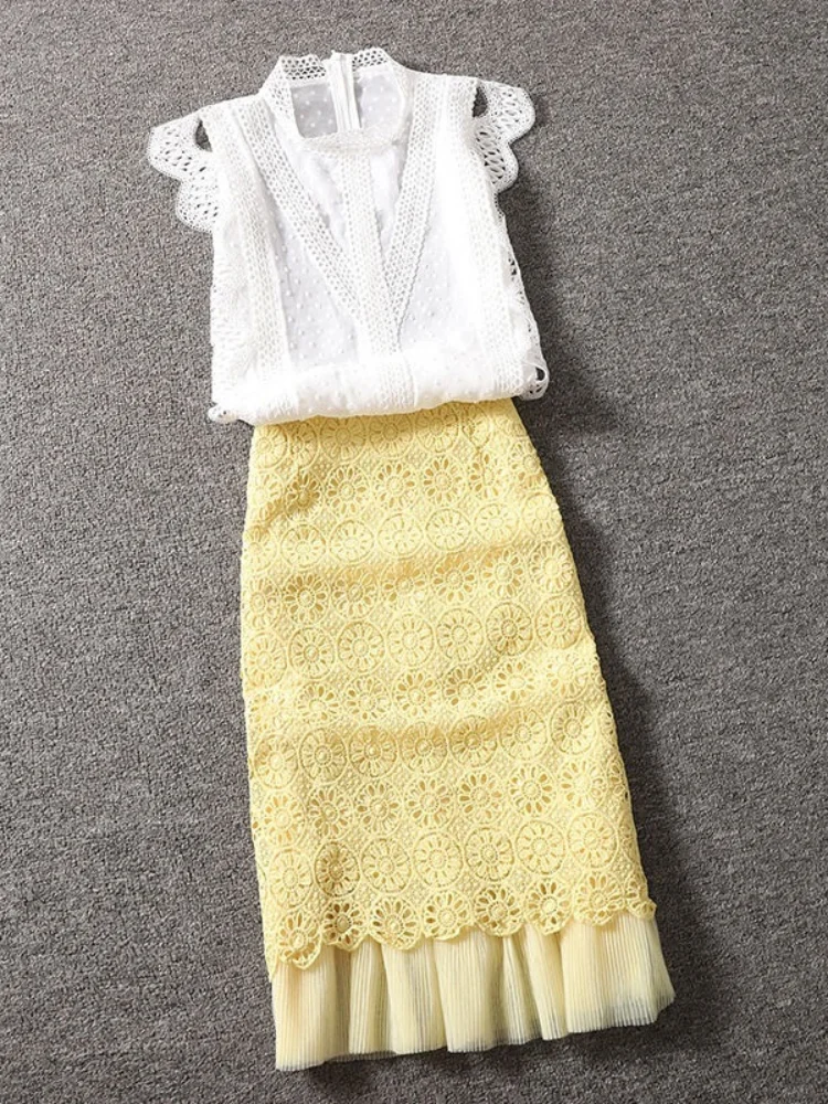 Женская кружевная юбка в стиле пэчворк желтая ажурная элегантная офисная с