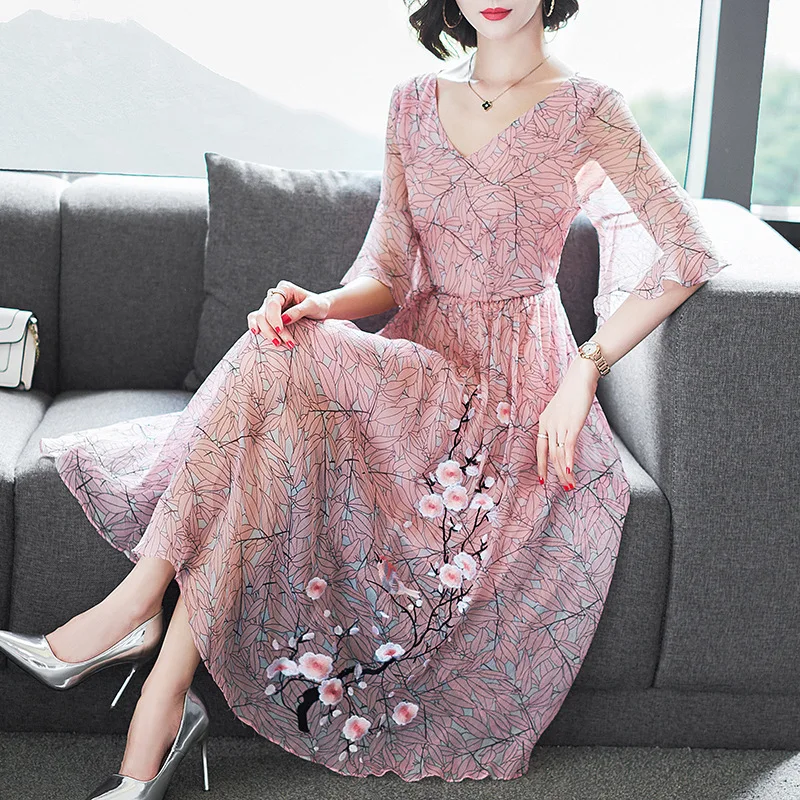 

Женское длинное платье с V-образным вырезом, винтажное розовое вечерние до середины икры с расклешенным рукавом и вышивкой, xl, весна-лето 2021