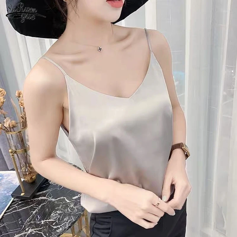 

Casual Elegant Women White Satin Tops Woman Korean Silk Top V-neck Tank Tops Sleeveless Black Tees Cami Sexy Halter Top 13694