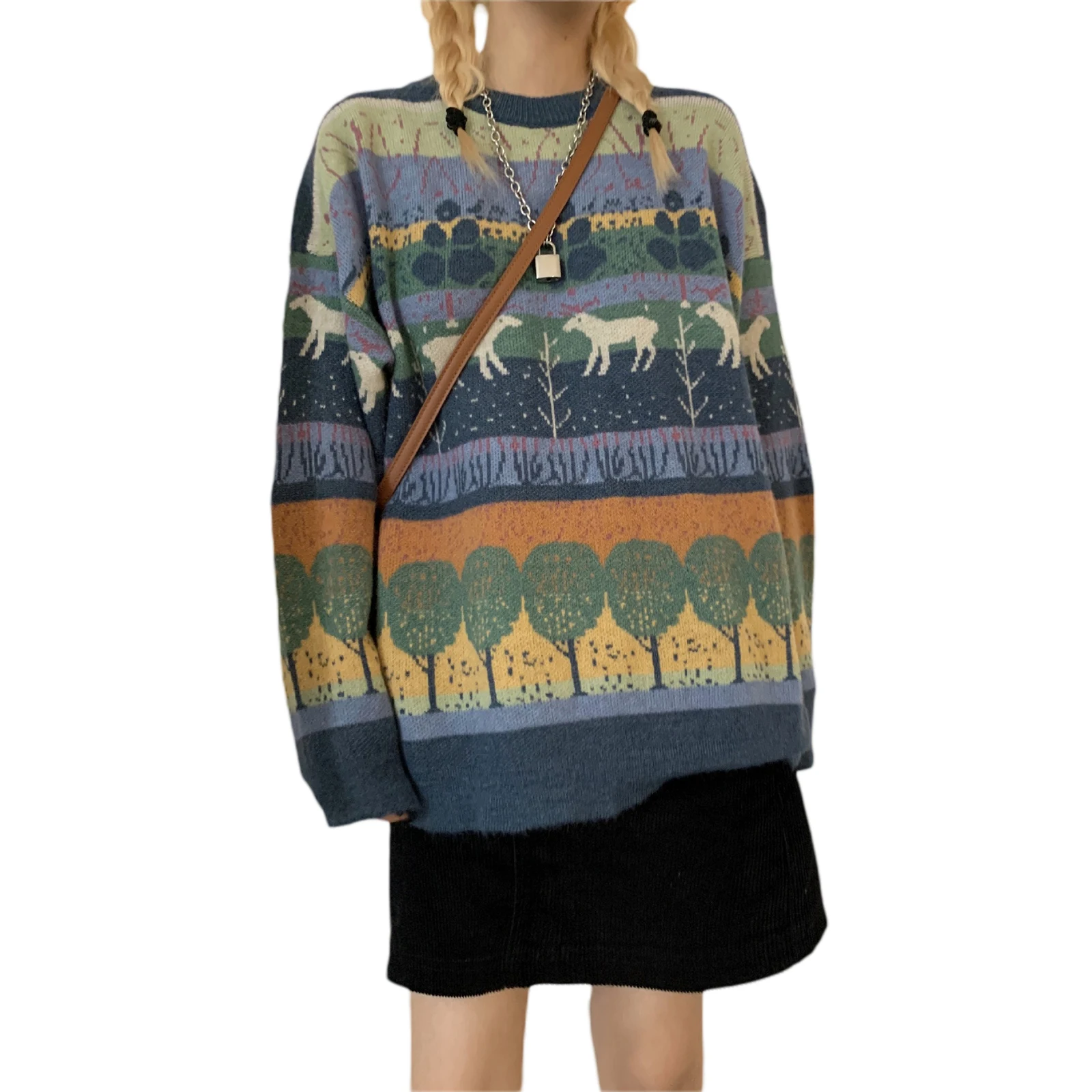 

Women Loose Knit Sweater Adults Color Block Animal Print Long Sleeve Round Neck Pullover Loose Round Neck Retro Knitted